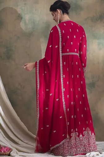Saahmriga Pink Faux Georgette Stitched Top With lehenga and Dupatta Full Sleeve Embroidered Lehenga With Kurta