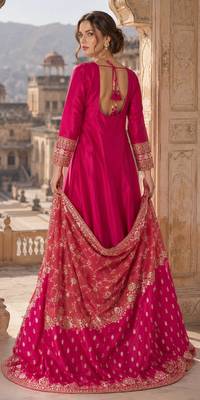 red embroidered silk blend anarkali salwar suit - free size 2