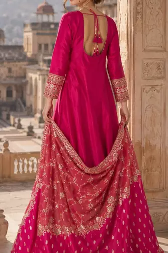 red embroidered silk blend anarkali salwar suit - free size