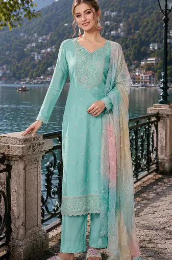 aqua blue embroidered silk blend salwar suit