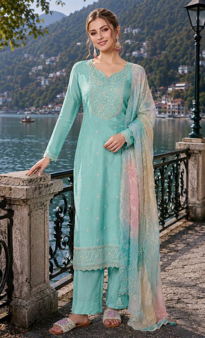 aqua blue embroidered silk blend salwar suit