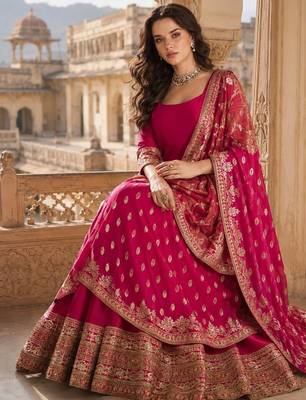 red embroidered silk blend anarkali salwar suit - free size 3