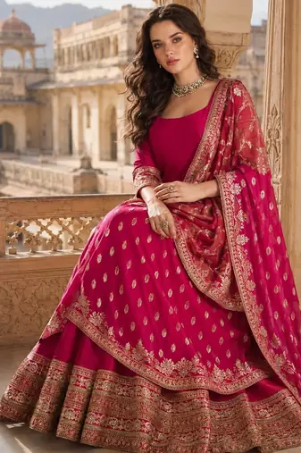 red embroidered silk blend anarkali salwar suit - free size