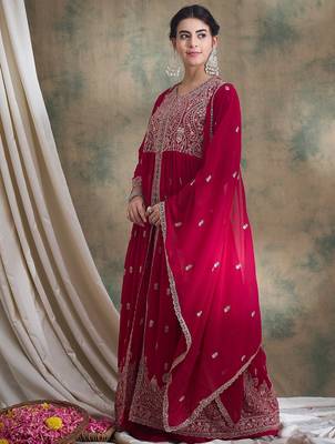 Saahmriga Pink Faux Georgette Stitched Top With lehenga and Dupatta Full Sleeve Embroidered Lehenga With Kurta 3