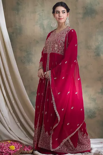 Saahmriga Pink Faux Georgette Stitched Top With lehenga and Dupatta Full Sleeve Embroidered Lehenga With Kurta