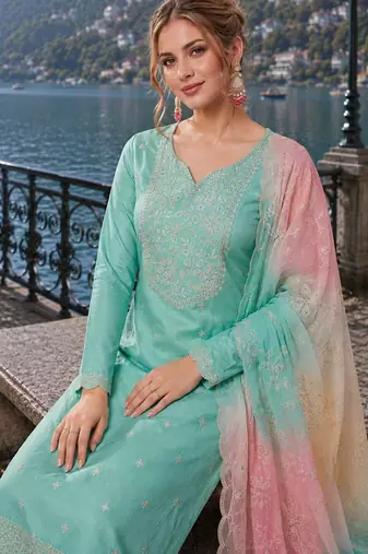 aqua blue embroidered silk blend salwar suit
