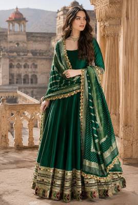 dark green embroidered silk blend anarkali salwar suit - free size 1