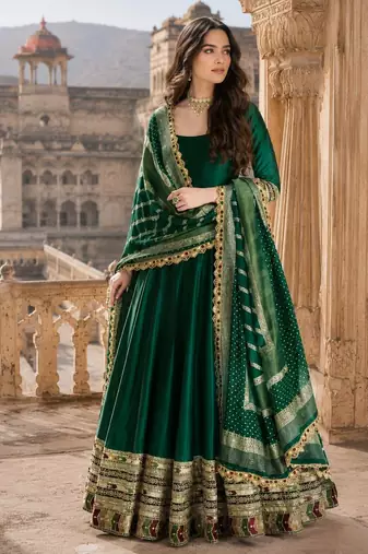 dark green embroidered silk blend anarkali salwar suit - free size
