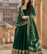dark green embroidered silk blend anarkali salwar suit - free size
