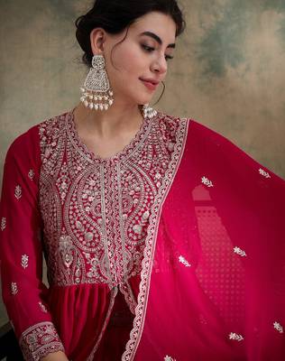 Saahmriga Pink Faux Georgette Stitched Top With lehenga and Dupatta Full Sleeve Embroidered Lehenga With Kurta 4