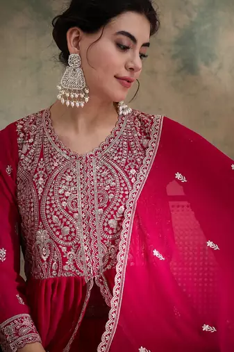 Saahmriga Pink Faux Georgette Stitched Top With lehenga and Dupatta Full Sleeve Embroidered Lehenga With Kurta
