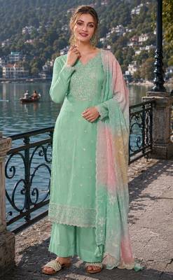 green embroidered silk blend salwar suit 1