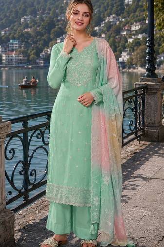 green embroidered silk blend salwar suit