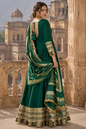 dark green embroidered silk blend anarkali salwar suit - free size