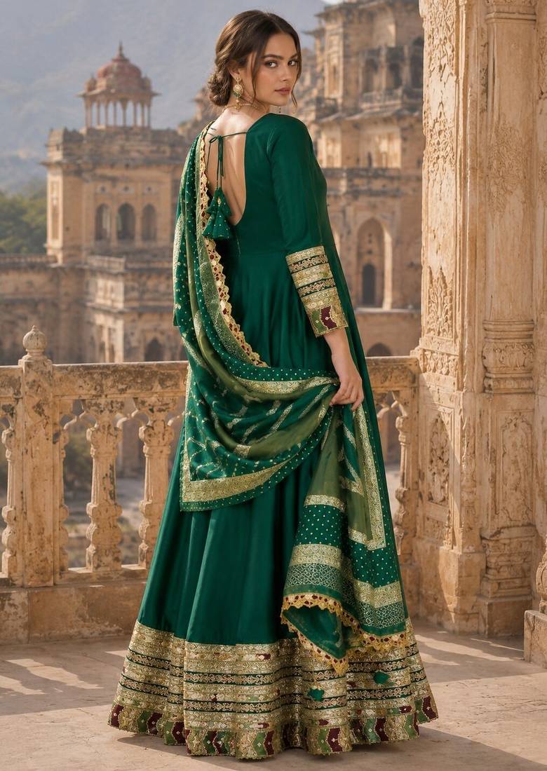 dark green embroidered silk blend anarkali salwar suit - free size