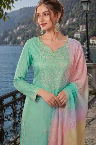 green embroidered silk blend salwar suit