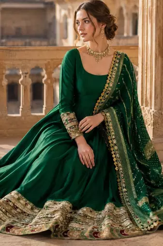dark green embroidered silk blend anarkali salwar suit - free size