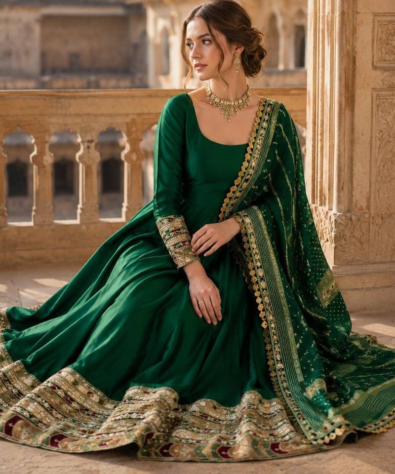 dark green embroidered silk blend anarkali salwar suit - free size