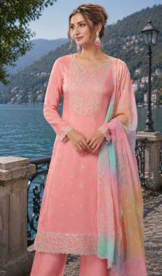 peach embroidered silk blend salwar suit 1