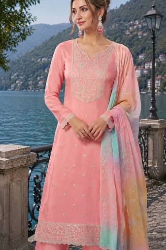 peach embroidered silk blend salwar suit