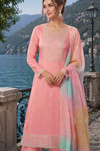 peach embroidered silk blend salwar suit