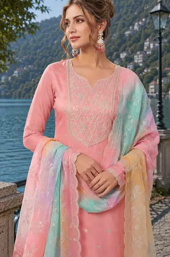 peach embroidered silk blend salwar suit