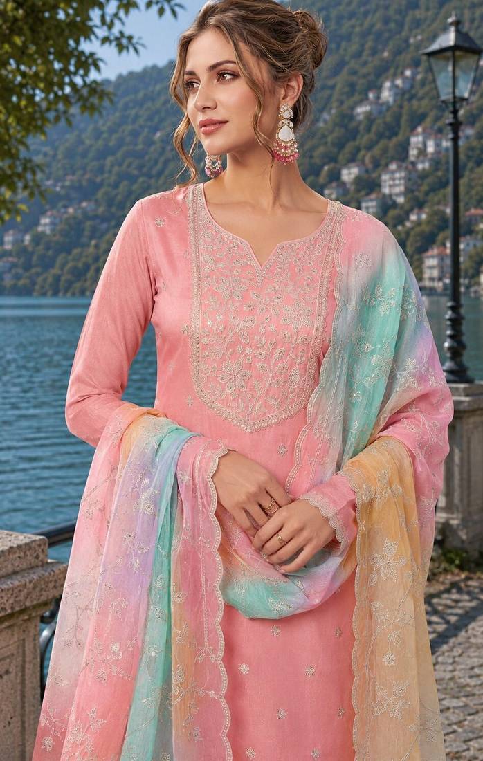 peach embroidered silk blend salwar suit