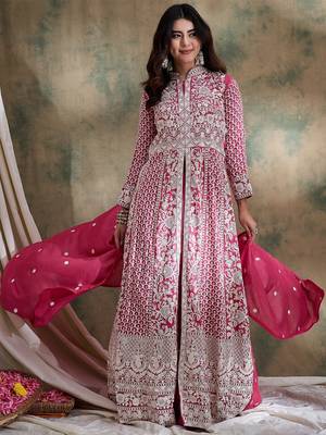 Saahmriga Pink Vichitra Silk Stitched Top With lehenga and Dupatta Full Sleeve Embroidered Lehenga With Kurta 1
