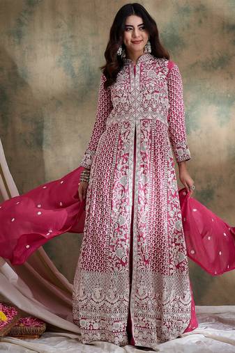 Saahmriga Pink Vichitra Silk Stitched Top With lehenga and Dupatta Full Sleeve Embroidered Lehenga With Kurta