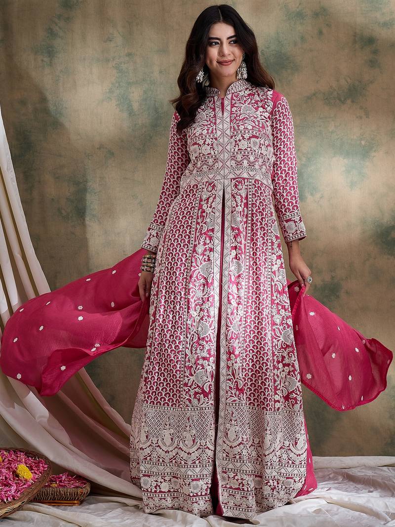 Saahmriga Pink Vichitra Silk Stitched Top With lehenga and Dupatta Full Sleeve Embroidered Lehenga With Kurta
