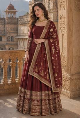 maroon embroidered silk blend anarkali salwar suit - free size 1
