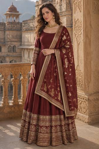maroon embroidered silk blend anarkali salwar suit - free size