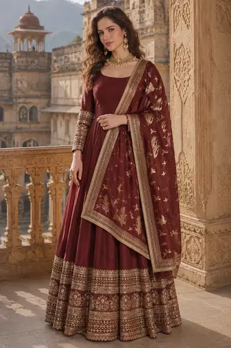 maroon embroidered silk blend anarkali salwar suit - free size