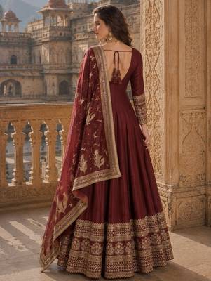 maroon embroidered silk blend anarkali salwar suit - free size 2