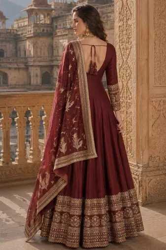 maroon embroidered silk blend anarkali salwar suit - free size