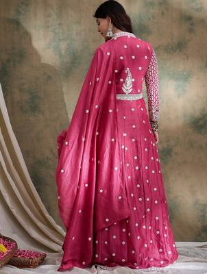 Saahmriga Pink Vichitra Silk Stitched Top With lehenga and Dupatta Full Sleeve Embroidered Lehenga With Kurta 2