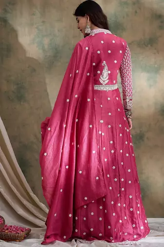 Saahmriga Pink Vichitra Silk Stitched Top With lehenga and Dupatta Full Sleeve Embroidered Lehenga With Kurta