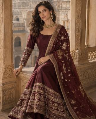 maroon embroidered silk blend anarkali salwar suit - free size 3