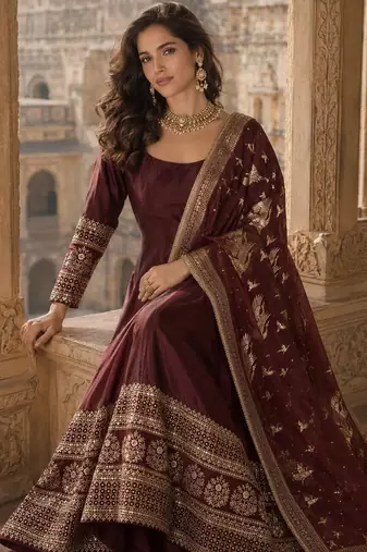 maroon embroidered silk blend anarkali salwar suit - free size