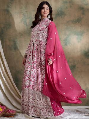 Saahmriga Pink Vichitra Silk Stitched Top With lehenga and Dupatta Full Sleeve Embroidered Lehenga With Kurta 3