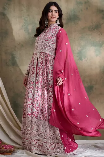 Saahmriga Pink Vichitra Silk Stitched Top With lehenga and Dupatta Full Sleeve Embroidered Lehenga With Kurta