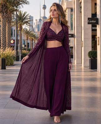 purple embroidered faux georgette silk blend georgette salwar - free size 1
