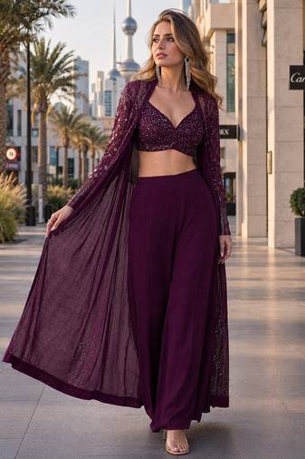 purple embroidered faux georgette silk blend georgette salwar - free size