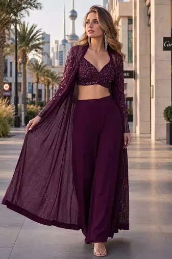 purple embroidered faux georgette silk blend georgette salwar - free size