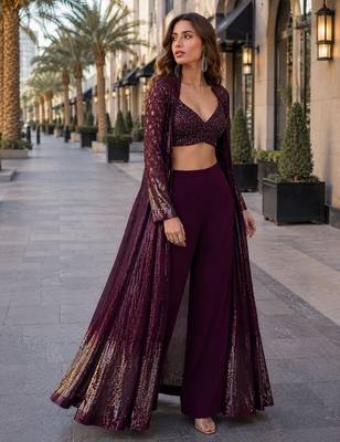 purple embroidered faux georgette silk blend georgette salwar - free size 2