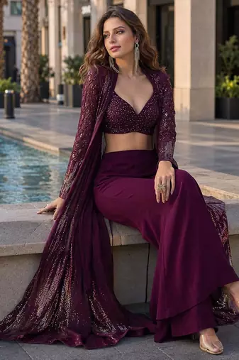 purple embroidered faux georgette silk blend georgette salwar - free size