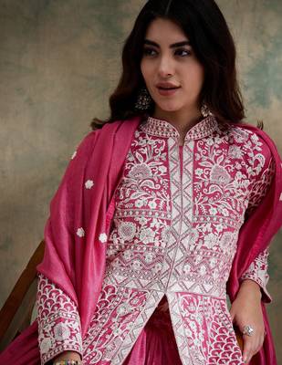 Saahmriga Pink Vichitra Silk Stitched Top With lehenga and Dupatta Full Sleeve Embroidered Lehenga With Kurta 4