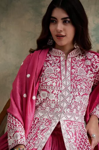 Saahmriga Pink Vichitra Silk Stitched Top With lehenga and Dupatta Full Sleeve Embroidered Lehenga With Kurta