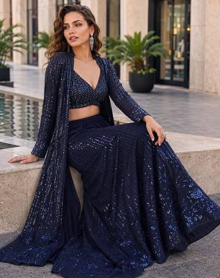 grey embroidered faux georgette silk blend georgette salwar - free size 2