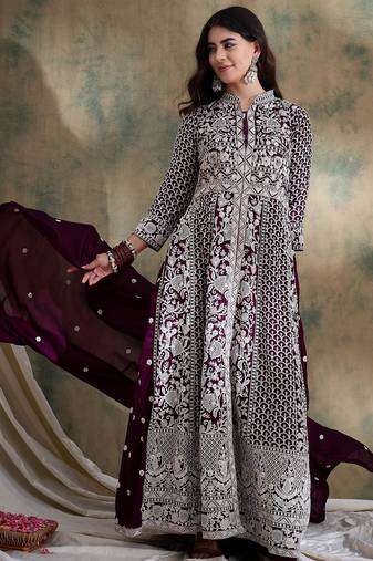 Saahmriga Purple Vichitra Silk Stitched Top With lehenga and Dupatta Full Sleeve Embroidered Lehenga With Kurta